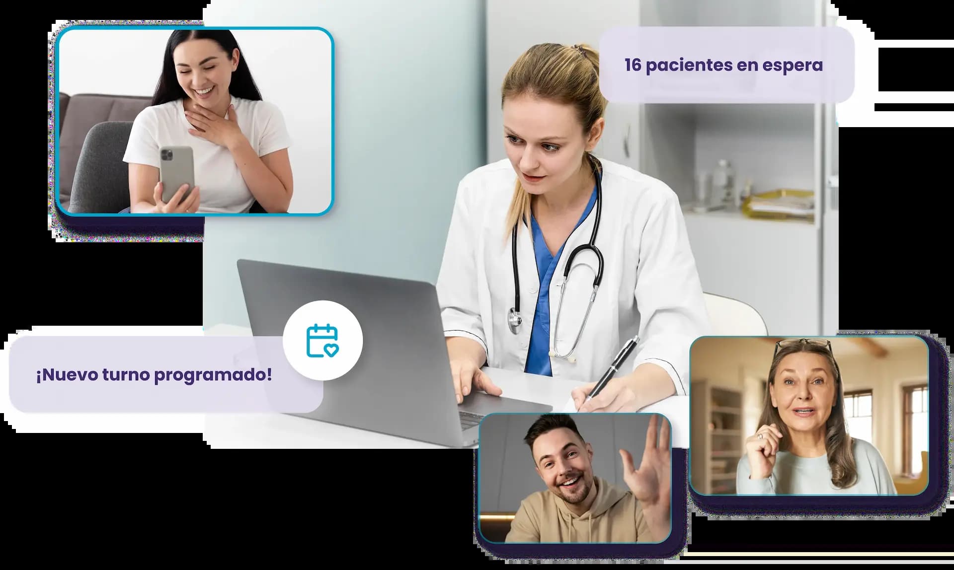 Doctora atendiendo pacientes online con videollamadas y notificaciones del sistema